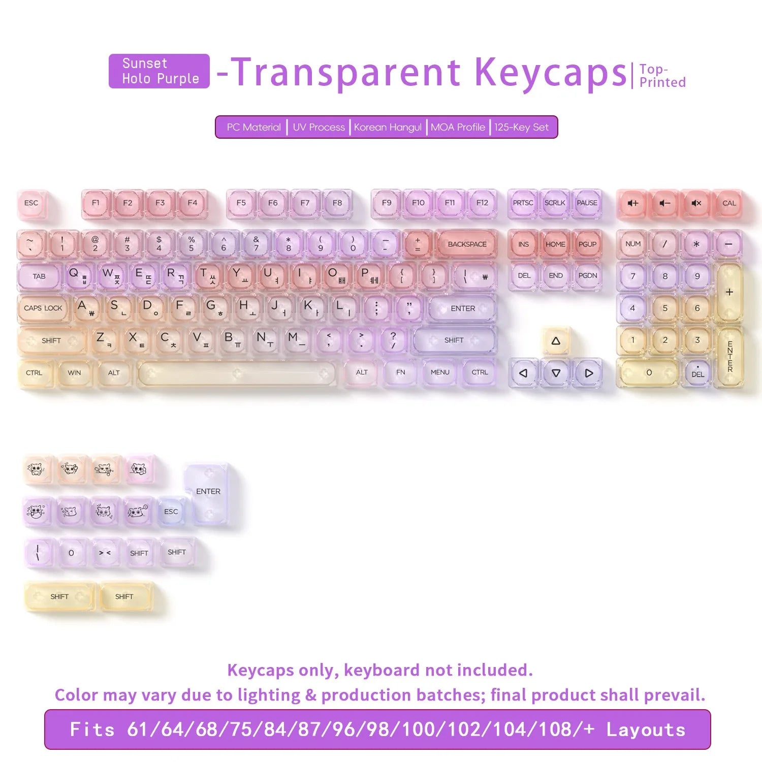 132 Keys Transparent Keycaps with Multi-Language English/ Korea /Russian for Mechanical Keyboard AK820 Pro Clear/ Misty Surface
