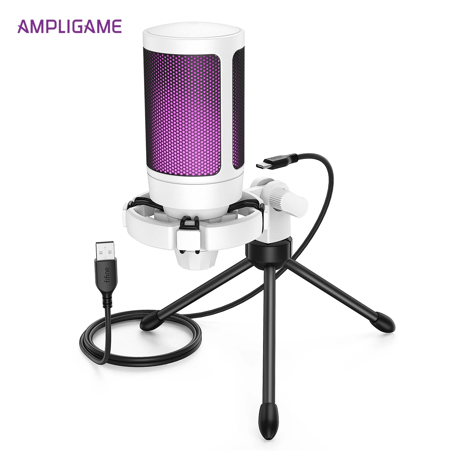 AmpliGame Gaming Microphone with Quick Mute, USB RGB Condenser Mic With Tripod For Moible,PC, Laptop, PS4/5, Streaming-A2