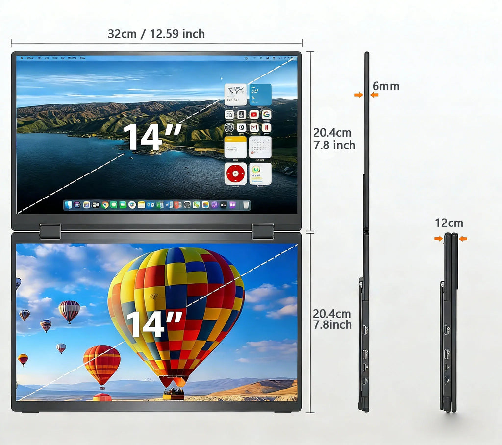 14'' Portable Monitors Dual Screen1920*1200 1.2K Triple Pc Display Laptop Screen Extender Folding Stacked Dual Monitors