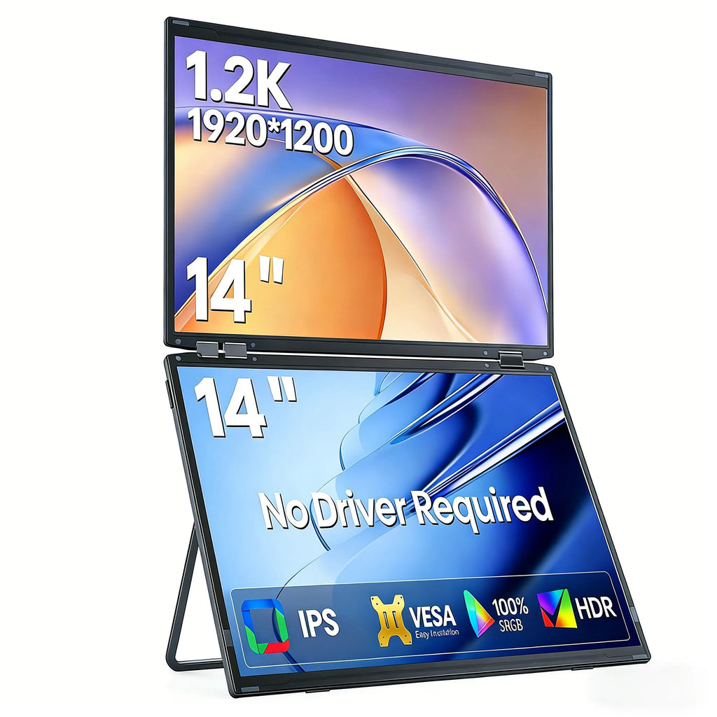 14'' Portable Monitors Dual Screen1920*1200 1.2K Triple Pc Display Laptop Screen Extender Folding Stacked Dual Monitors