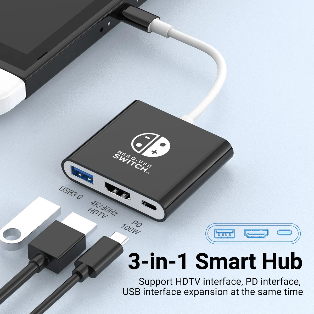 3-in-1 USB C to HDMI 4K HUB Type C Adapter Thunderbolt 3/4 100W PD USB 3.0 Docking Station for Switch MacBook Laptop Phone