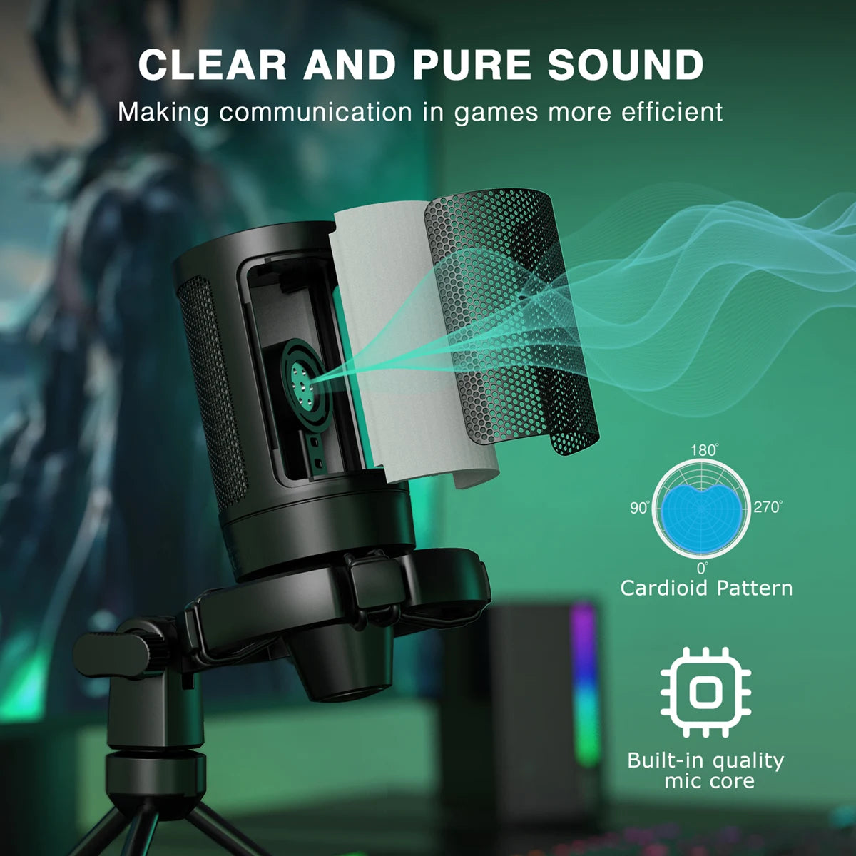 AmpliGame Gaming Microphone with Quick Mute, USB RGB Condenser Mic With Tripod For Moible,PC, Laptop, PS4/5, Streaming-A2
