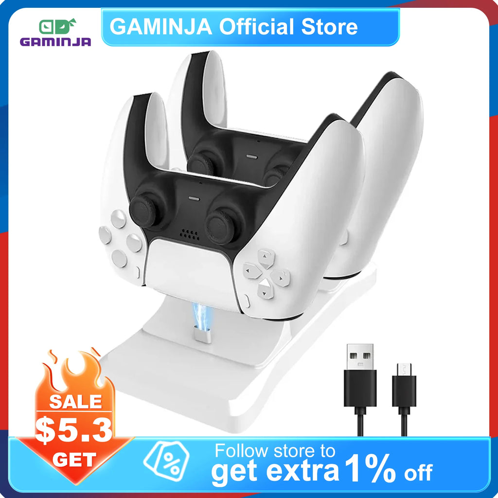 GAMINJA Gamepad Dual Port Charger Base for Playstation5 Game Controller PS5 charging stand With Fast Charging AC Adapter 5V 2A