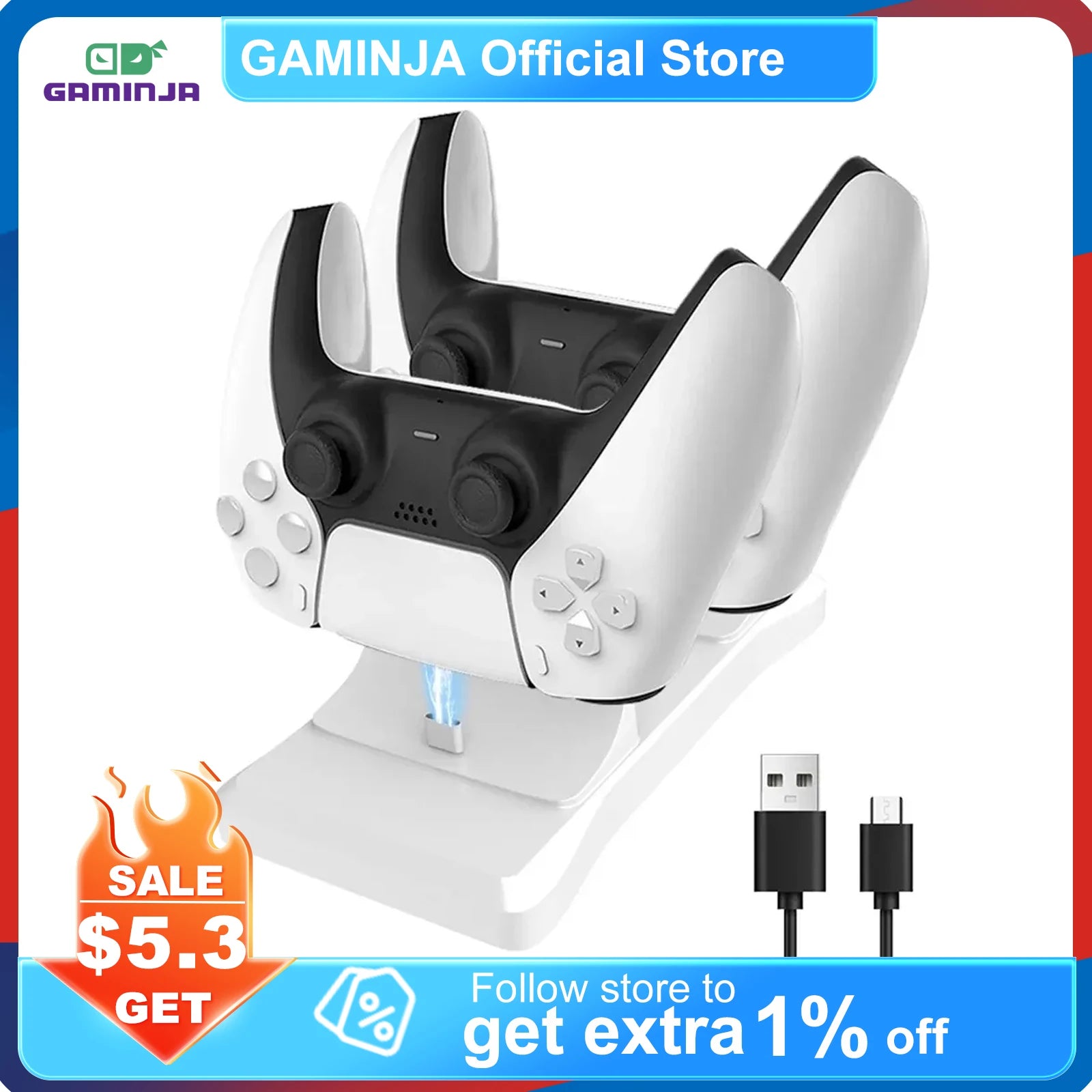 GAMINJA Gamepad Dual Port Charger Base for Playstation5 Game Controller PS5 charging stand With Fast Charging AC Adapter 5V 2A