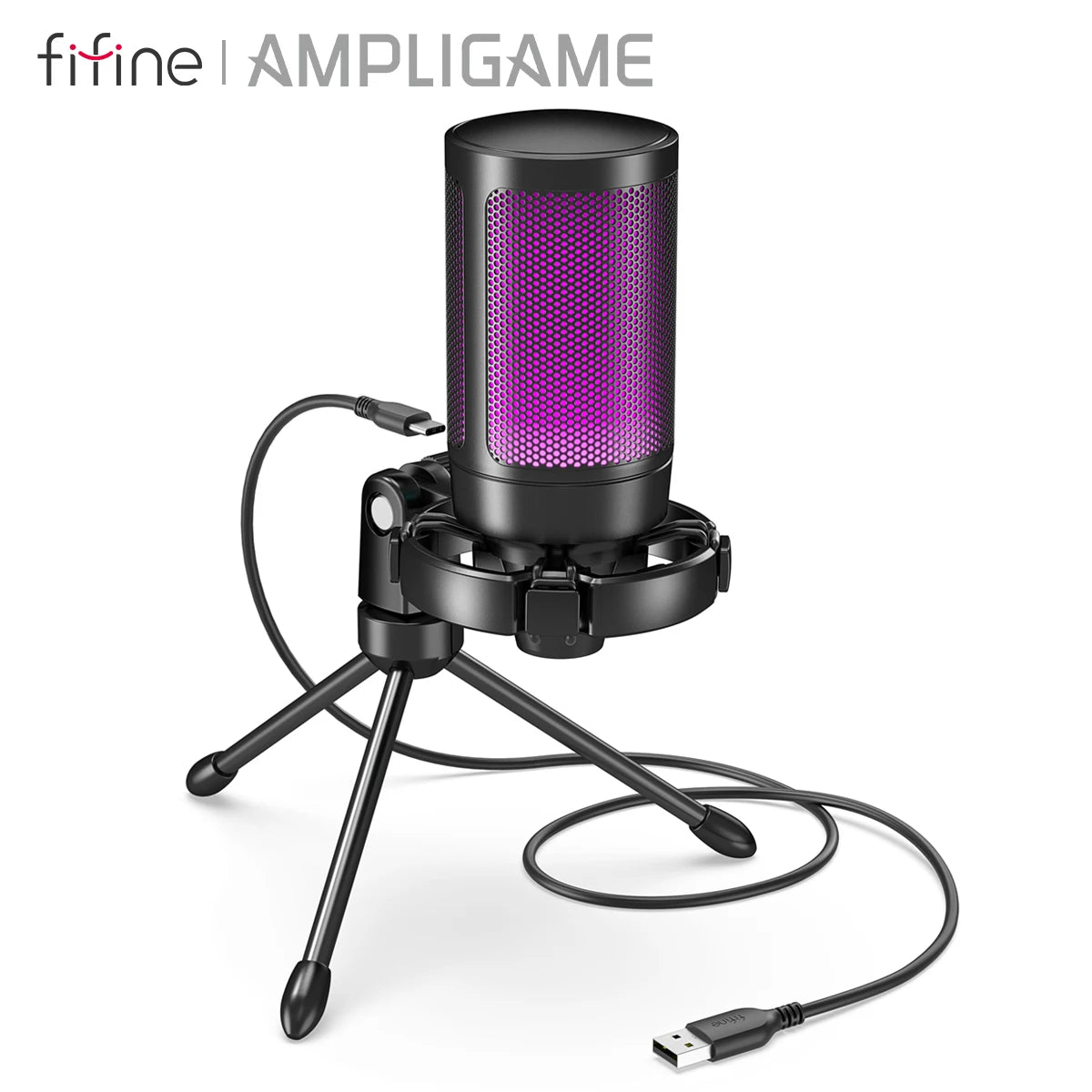 AmpliGame Gaming Microphone with Quick Mute, USB RGB Condenser Mic With Tripod For Moible,PC, Laptop, PS4/5, Streaming-A2