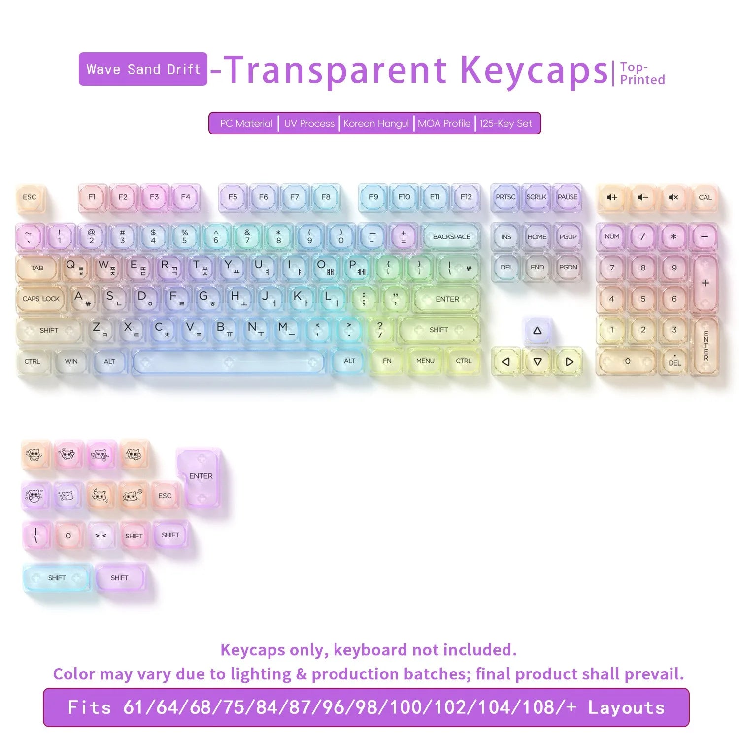 132 Keys Transparent Keycaps with Multi-Language English/ Korea /Russian for Mechanical Keyboard AK820 Pro Clear/ Misty Surface
