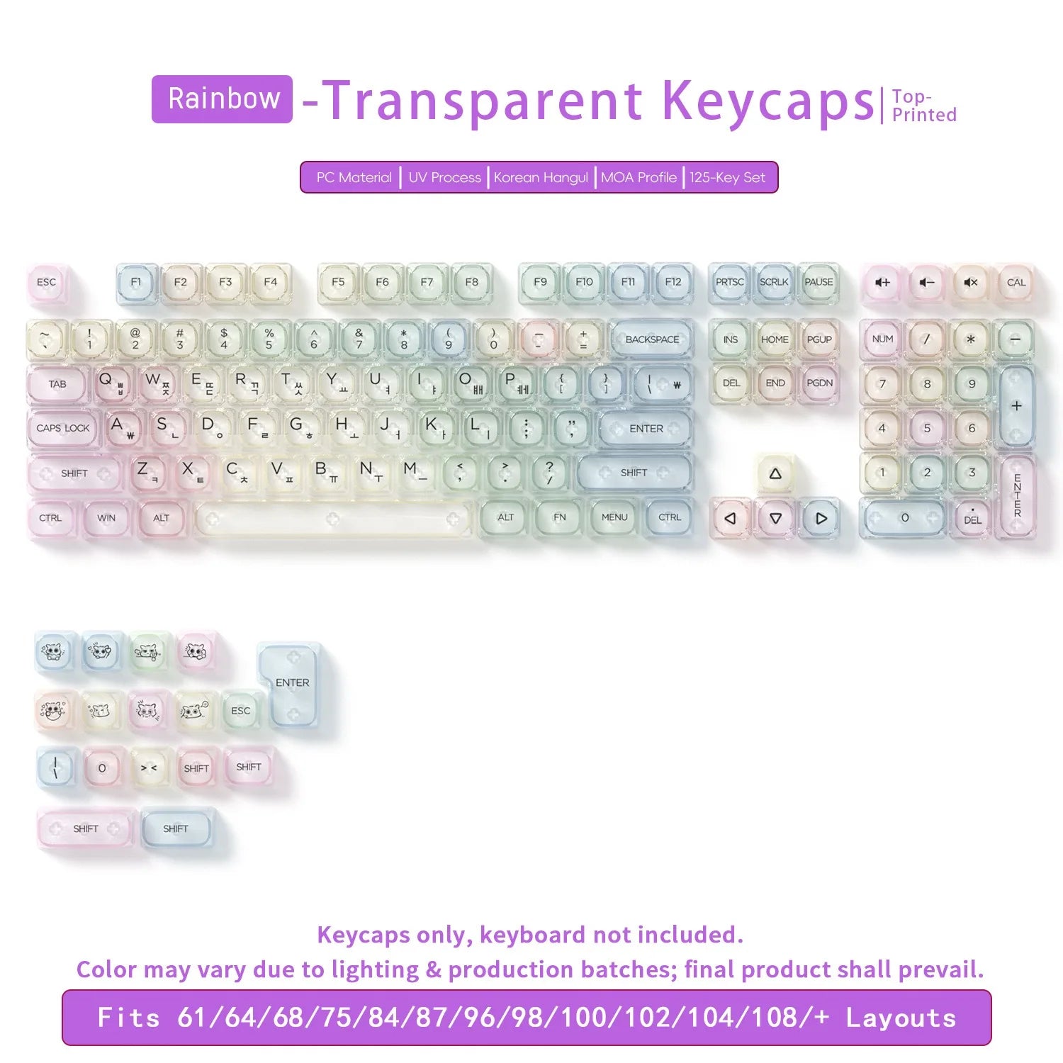 132 Keys Transparent Keycaps with Multi-Language English/ Korea /Russian for Mechanical Keyboard AK820 Pro Clear/ Misty Surface