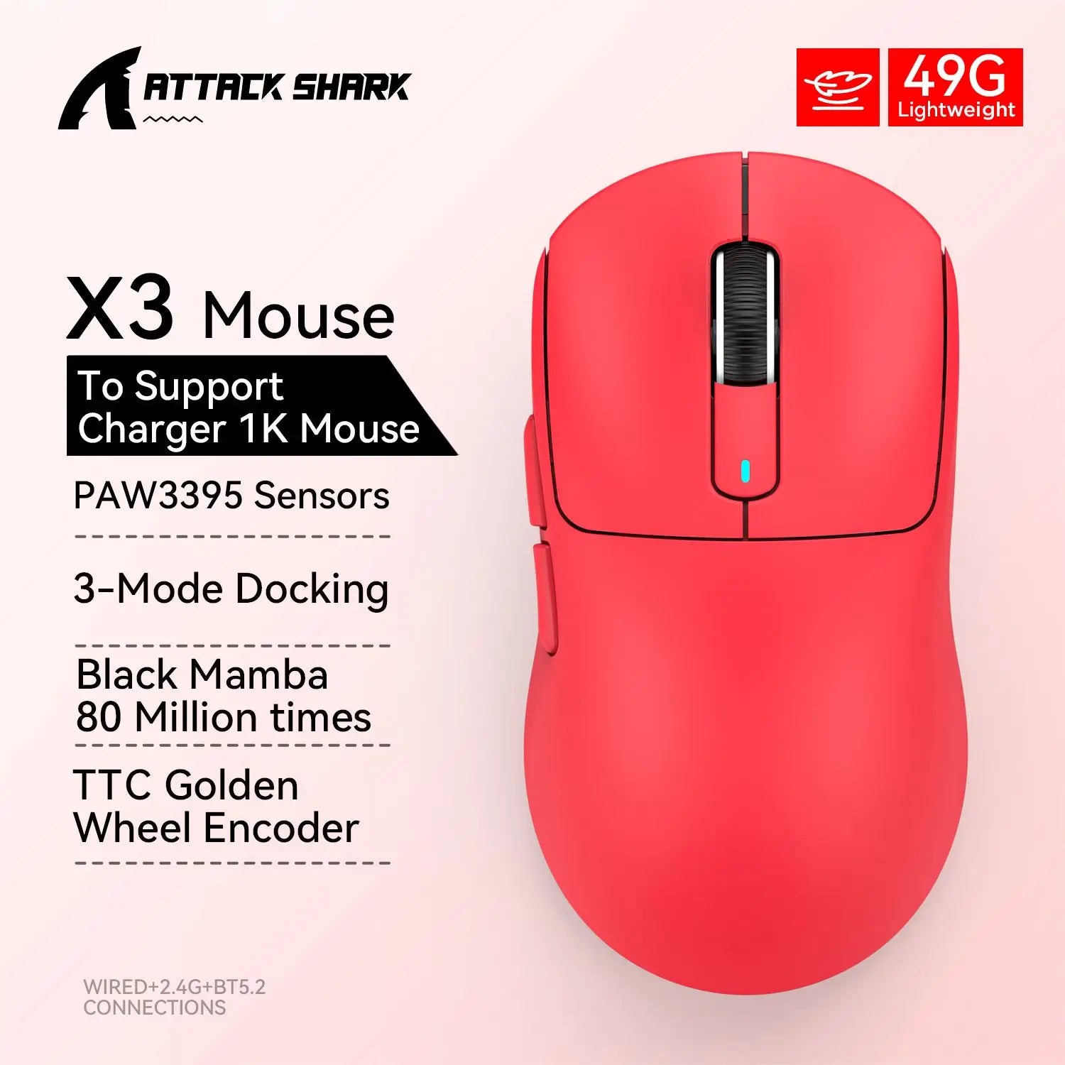 Attack Shark  X3 PAW3395 26KDPI Wireless Mouse Lightweight  Tri-Mode Connection Macro Gaming Mouse  for Win/Xbox/PS/Mac