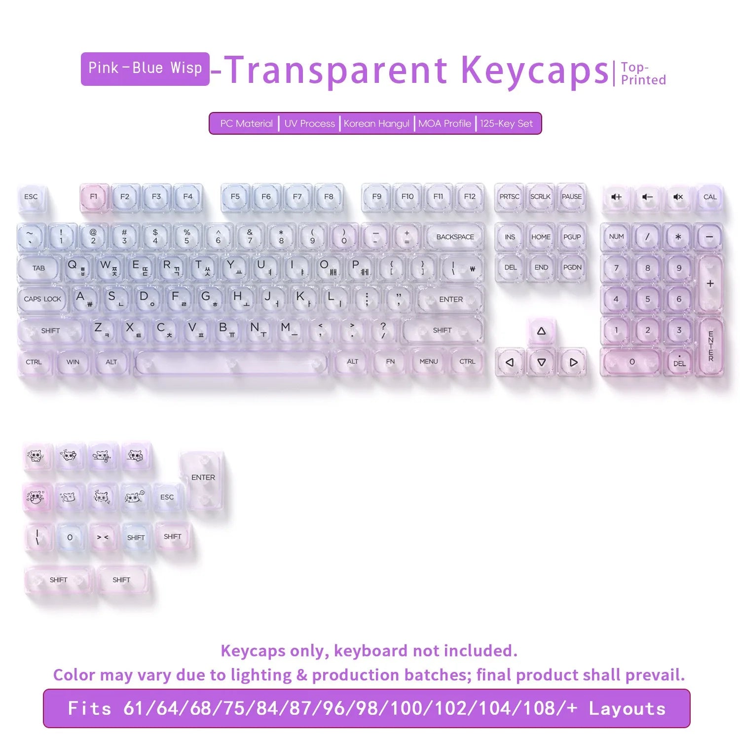 132 Keys Transparent Keycaps with Multi-Language English/ Korea /Russian for Mechanical Keyboard AK820 Pro Clear/ Misty Surface