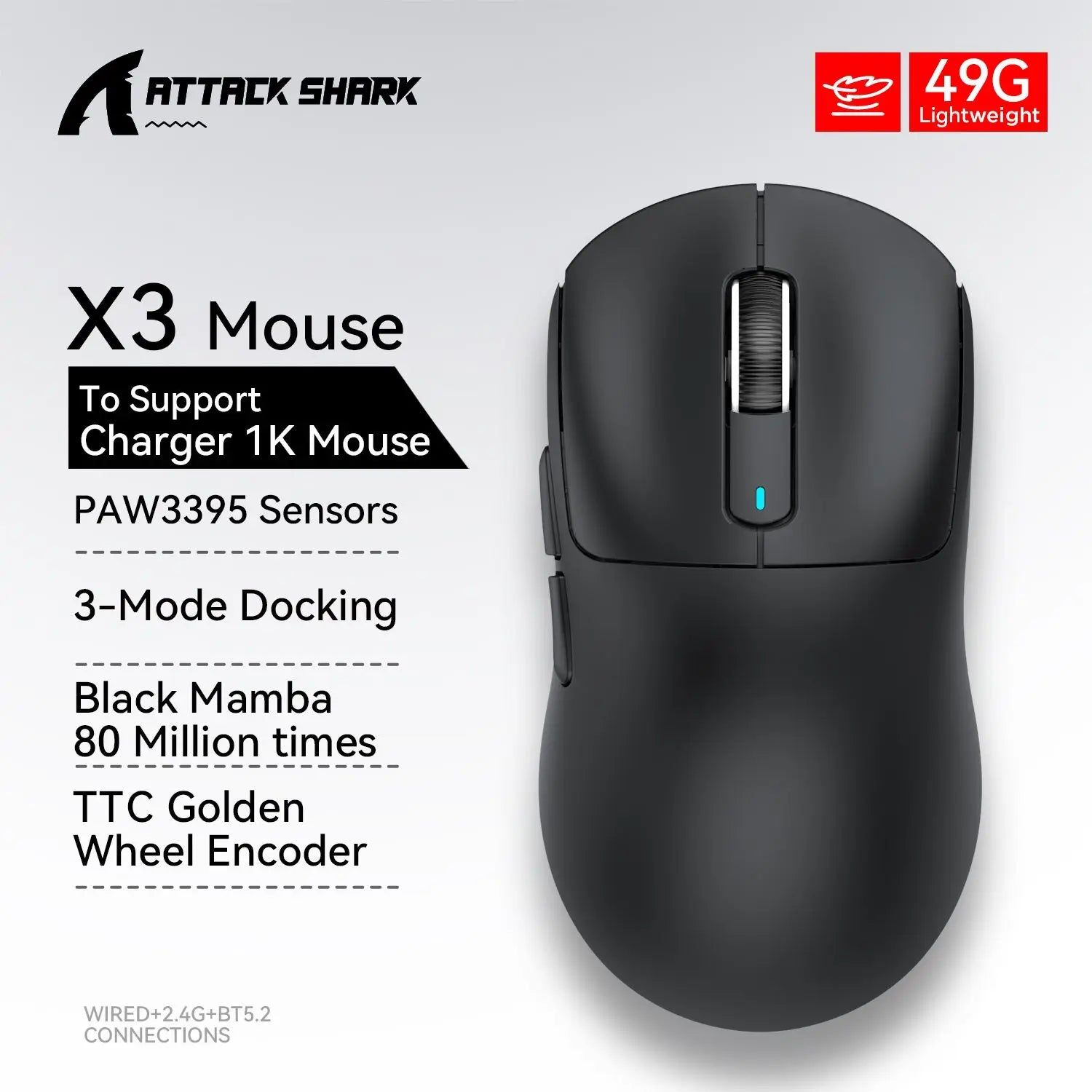 Attack Shark  X3 PAW3395 26KDPI Wireless Mouse Lightweight  Tri-Mode Connection Macro Gaming Mouse  for Win/Xbox/PS/Mac