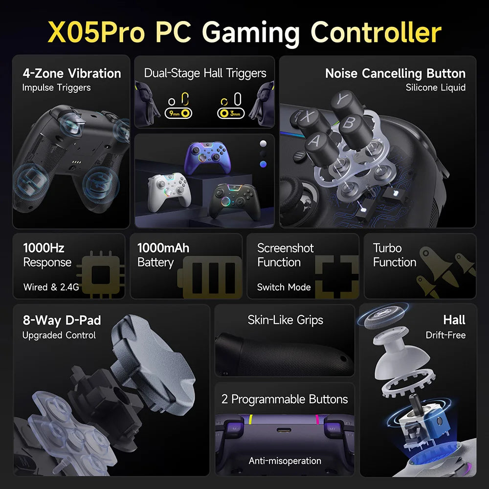 EasySMX X05Pro Charging Dock Controller for PC/Switch/Phone, Silent Button, 1000mAh Battery, Hall Joystick, RGB, Ergonomic Grip