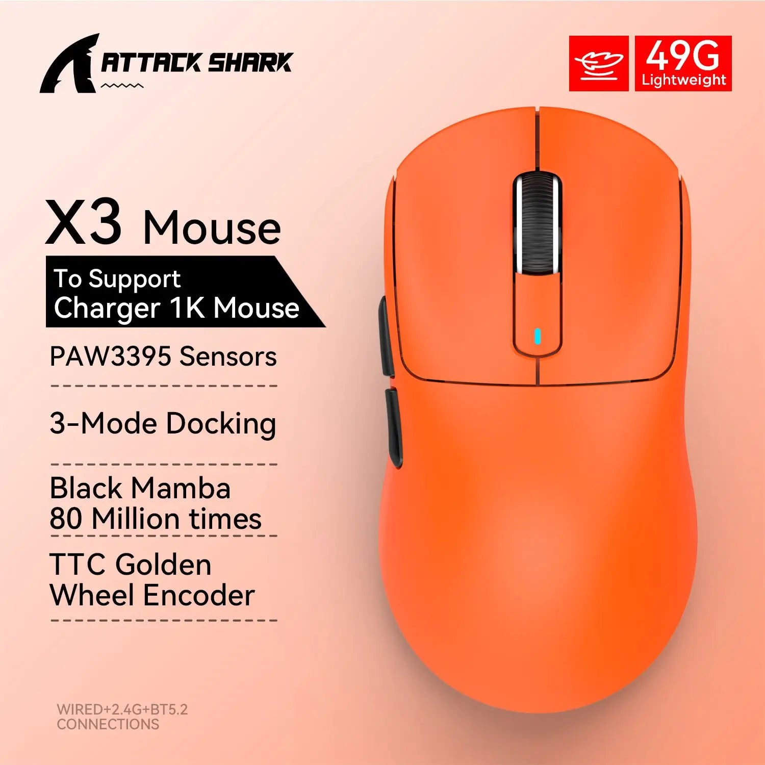 Attack Shark  X3 PAW3395 26KDPI Wireless Mouse Lightweight  Tri-Mode Connection Macro Gaming Mouse  for Win/Xbox/PS/Mac