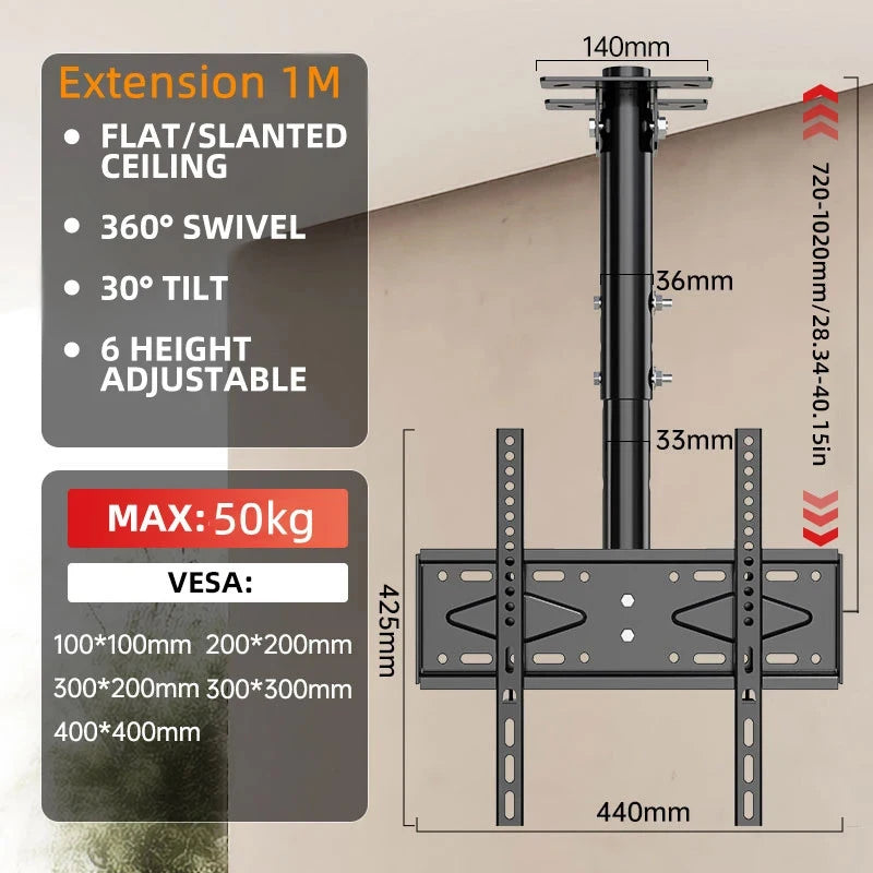 Ceiling TV Mount Full Motion TV Bracket for Most 32-65" Flat Curved TVs/Monitors Swivel Tilt Height Adjustable Hanging TV Mount
