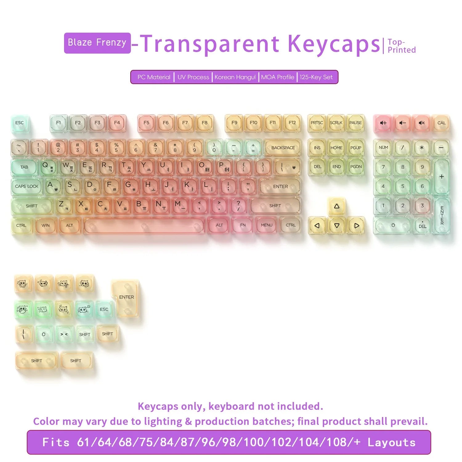 132 Keys Transparent Keycaps with Multi-Language English/ Korea /Russian for Mechanical Keyboard AK820 Pro Clear/ Misty Surface