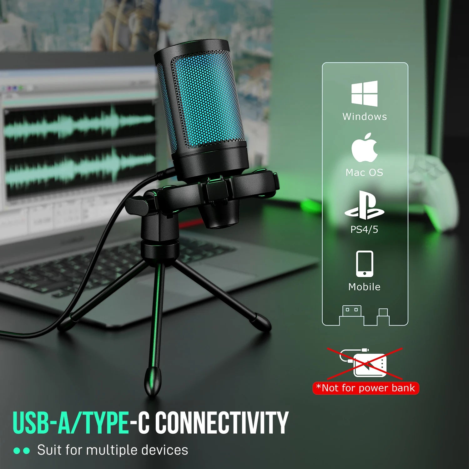 AmpliGame Gaming Microphone with Quick Mute, USB RGB Condenser Mic With Tripod For Moible,PC, Laptop, PS4/5, Streaming-A2