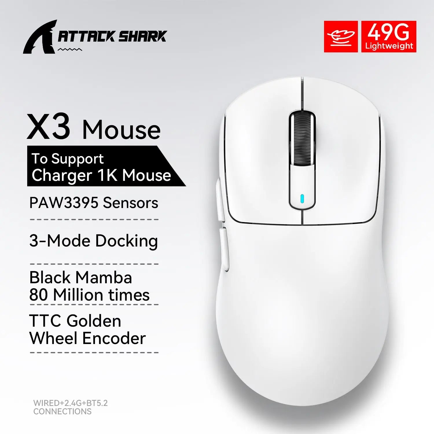 Attack Shark  X3 PAW3395 26KDPI Wireless Mouse Lightweight  Tri-Mode Connection Macro Gaming Mouse  for Win/Xbox/PS/Mac