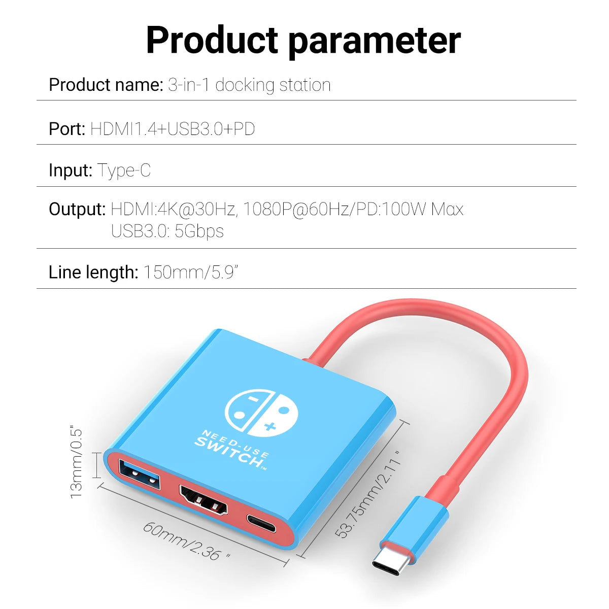 3-in-1 USB C to HDMI 4K HUB Type C Adapter Thunderbolt 3/4 100W PD USB 3.0 Docking Station for Switch MacBook Laptop Phone