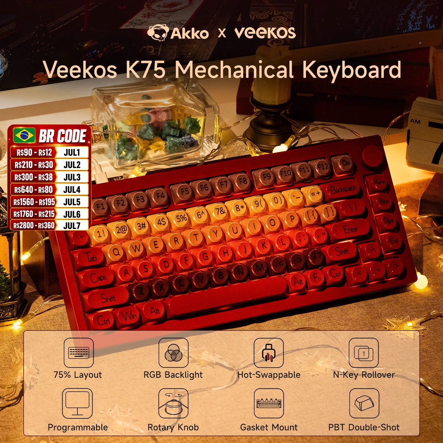 AKKO 5075 X Veekos K75 Gaming Mechanical Keyboard Keyboard 75% RGB 3/5-Pin Hot Swap Wired Customized Keyboard with Knob Gasket